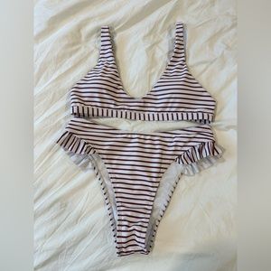Zaful high leg striped bikini with ruffles